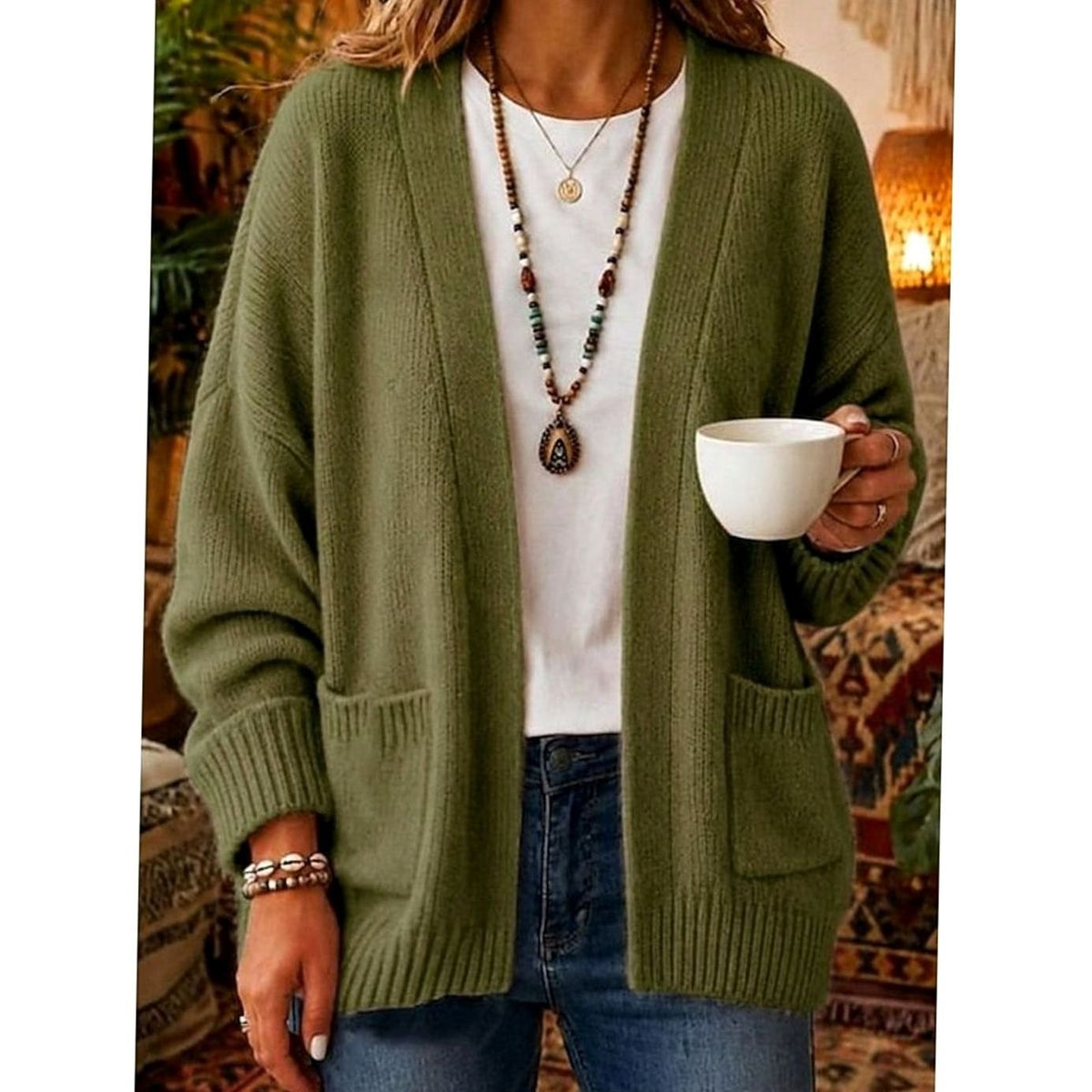 Eleanor | Women's Relaxed Open-Front Knit Cardigan Sweater Pockets
