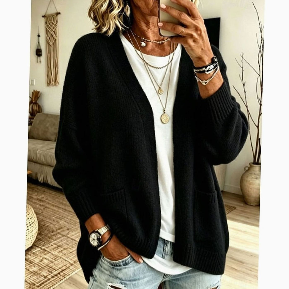 Luna | Women's Relaxed Open-Front Knit Cardigan Sweater Pockets