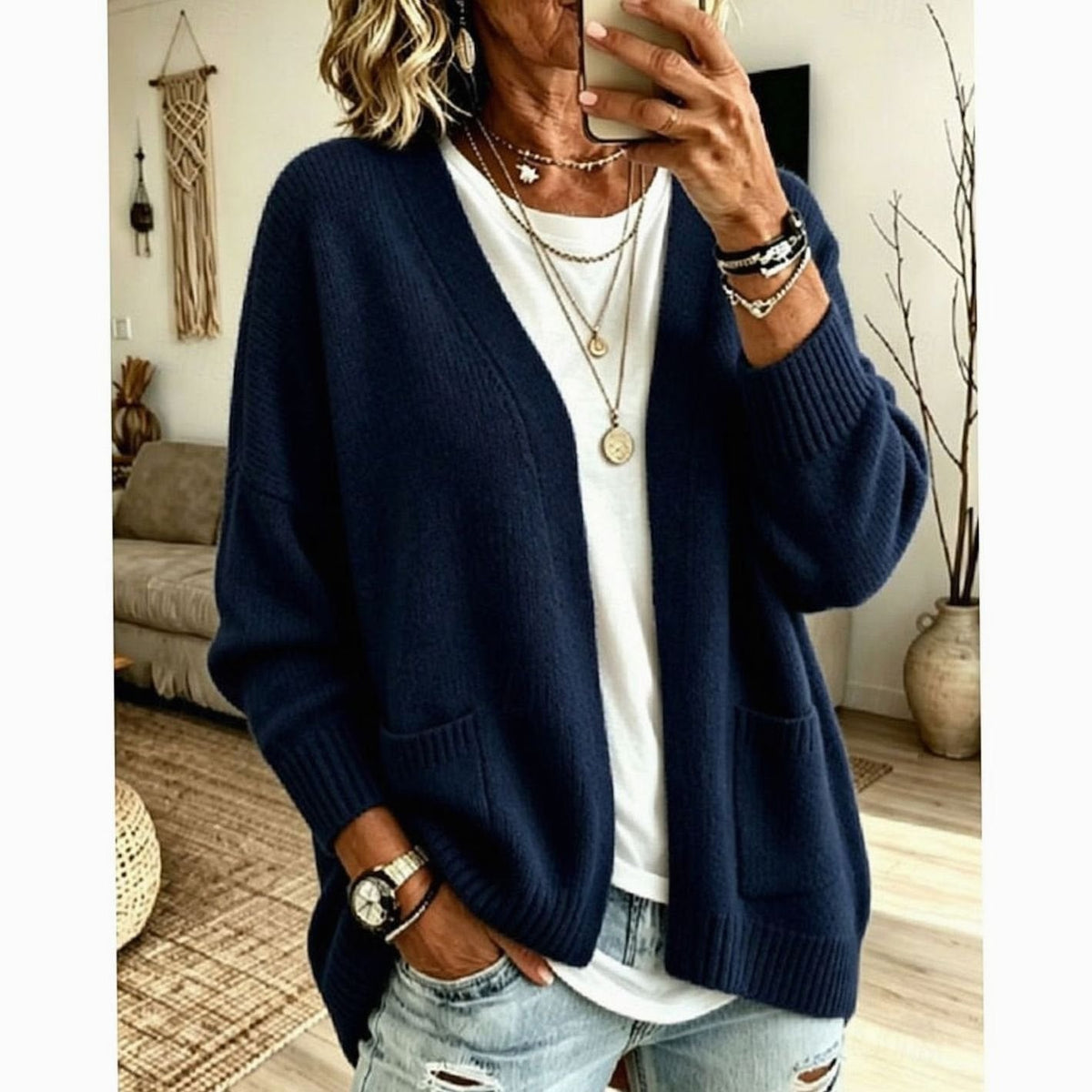 Luna | Women's Relaxed Open-Front Knit Cardigan Sweater Pockets