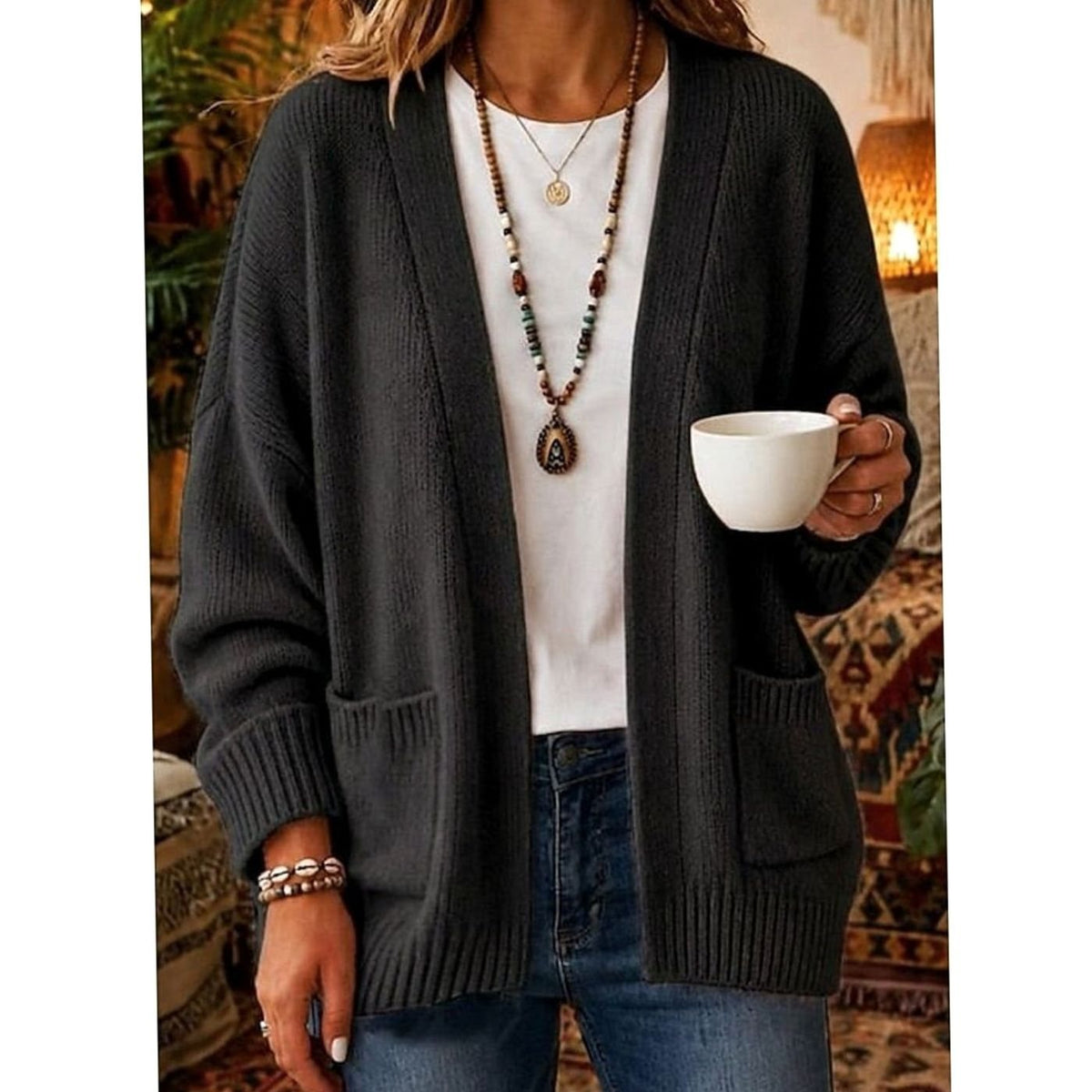 Eleanor | Women's Relaxed Open-Front Knit Cardigan Sweater Pockets