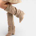 Sophia | Women's Ruched Pointed-Toe Knee High Boots Low Block Heel