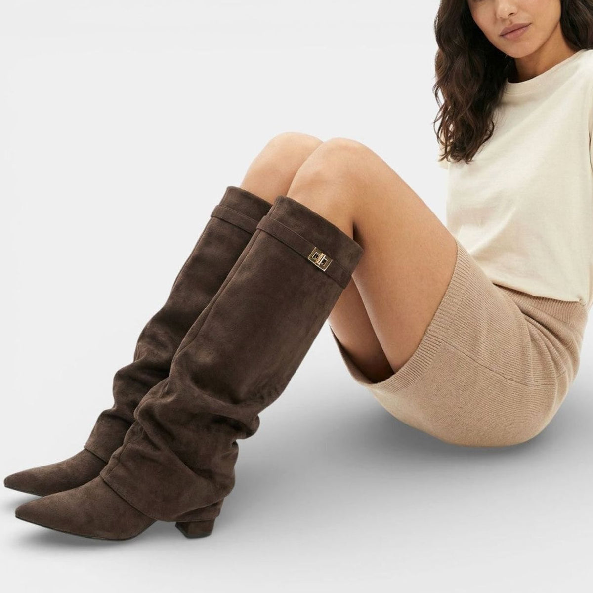 Sophia | Women's Ruched Pointed-Toe Knee High Boots Low Block Heel