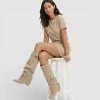Sophia | Women's Ruched Pointed-Toe Knee High Boots Low Block Heel