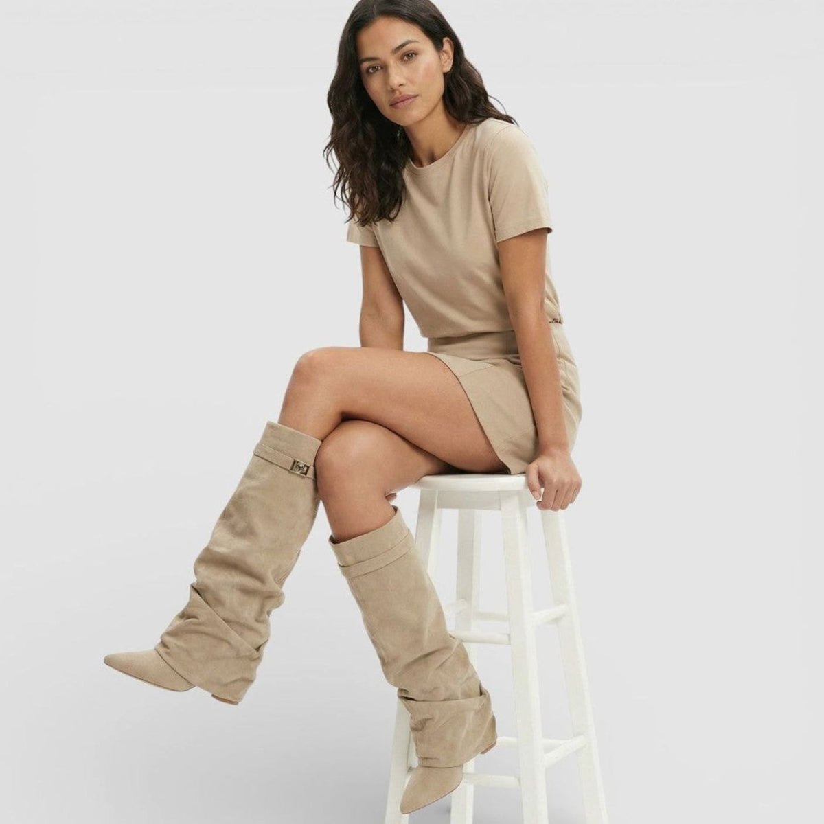 Sophia | Women's Ruched Pointed-Toe Knee High Boots Low Block Heel