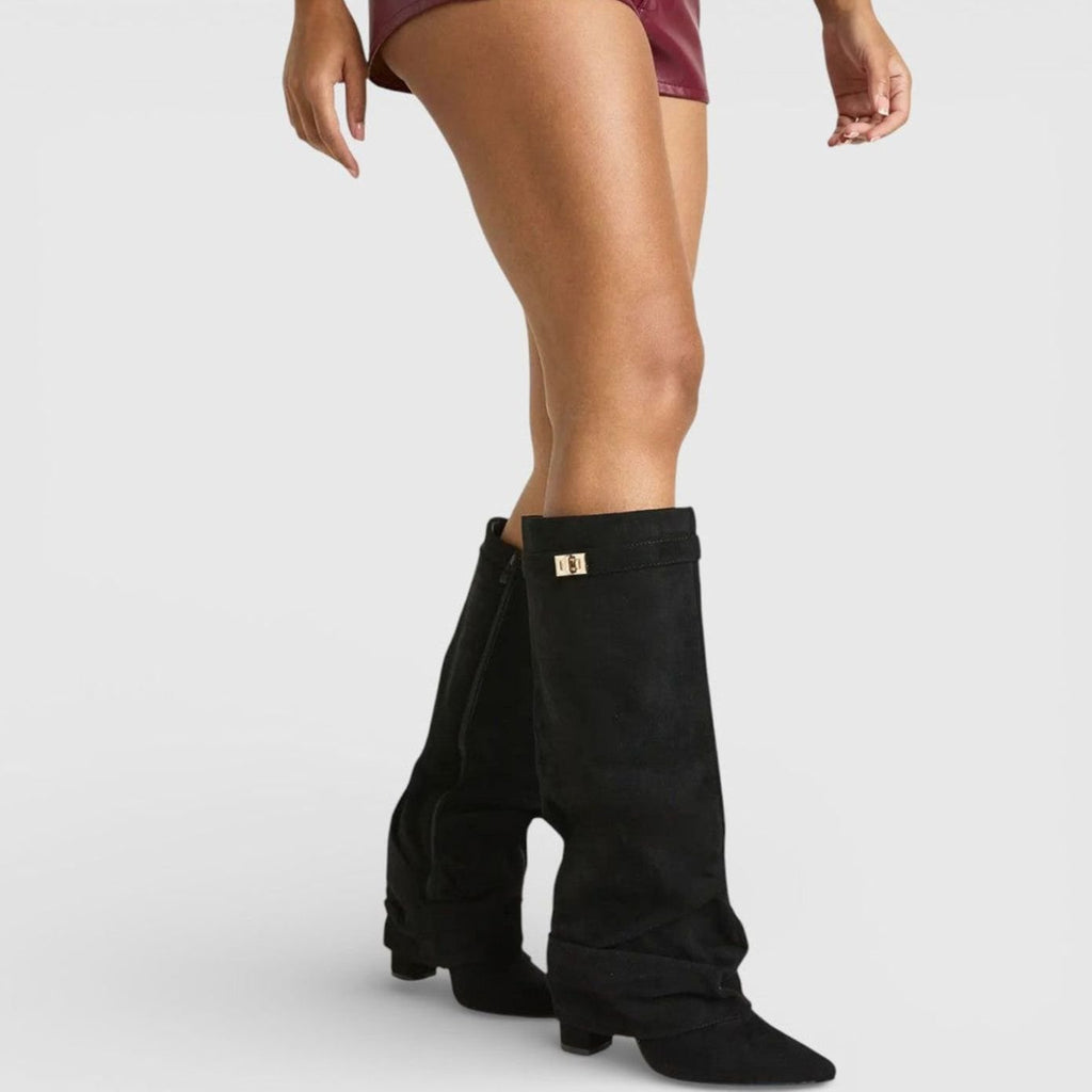 Sophia | Women's Ruched Pointed-Toe Knee High Boots Low Block Heel