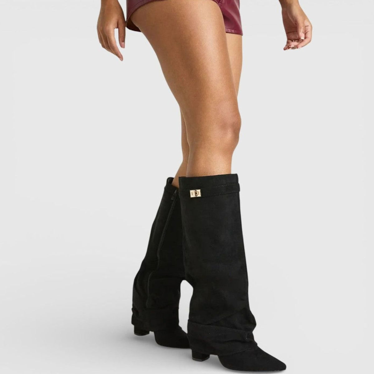 Sophia | Women's Ruched Pointed-Toe Knee High Boots Low Block Heel