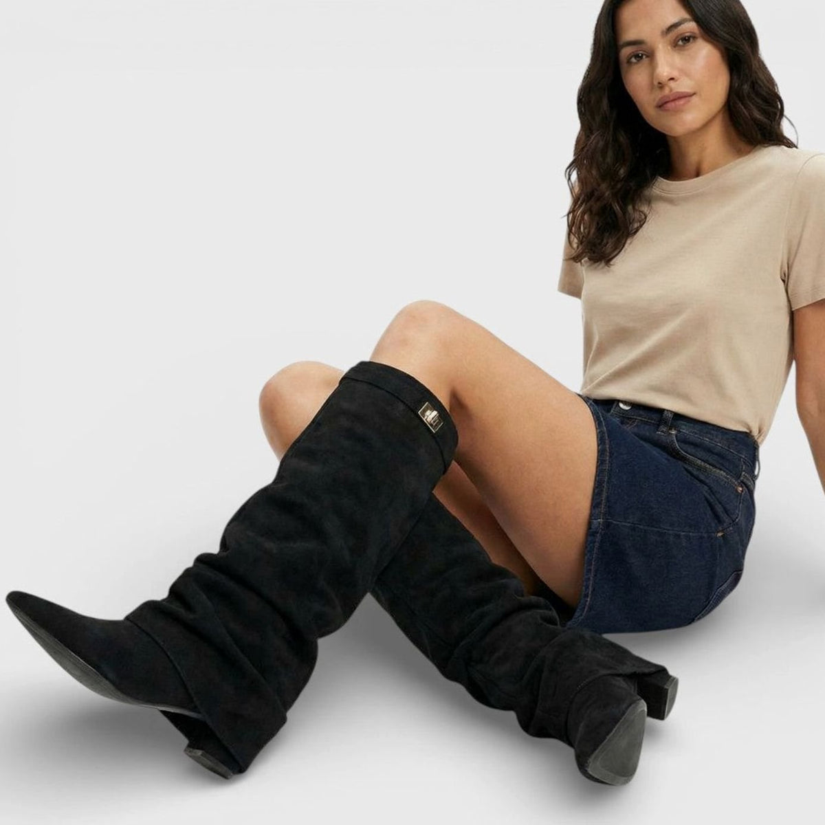 Sophia | Women's Ruched Pointed-Toe Knee High Boots Low Block Heel