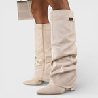 Sophia | Women's Ruched Pointed-Toe Knee High Boots Low Block Heel