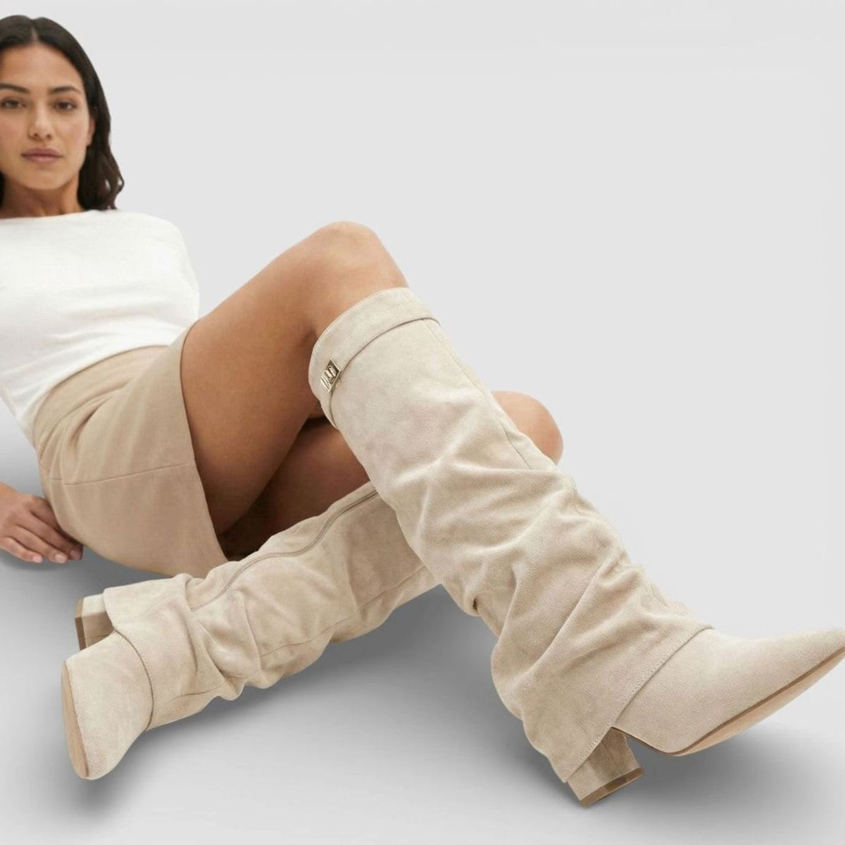Sophia | Women's Ruched Pointed-Toe Knee High Boots Low Block Heel