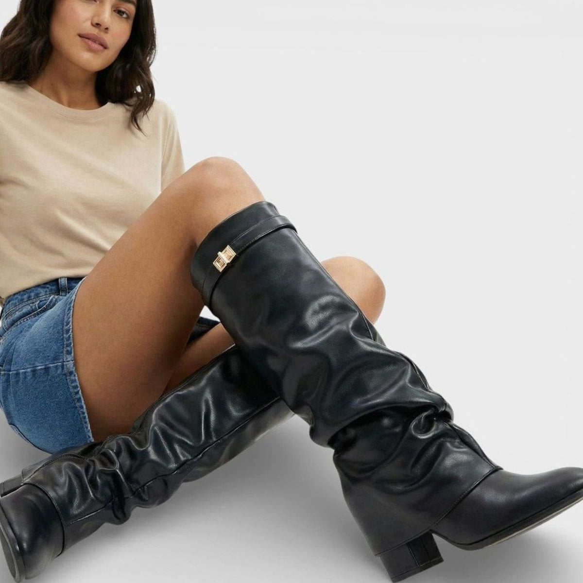 Sophia | Women's Ruched Pointed-Toe Knee High Boots Low Block Heel