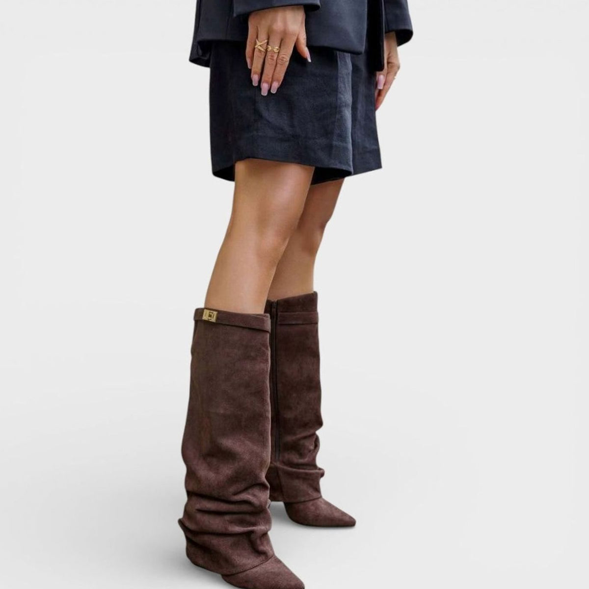 Sophia | Women's Ruched Pointed-Toe Knee High Boots Low Block Heel