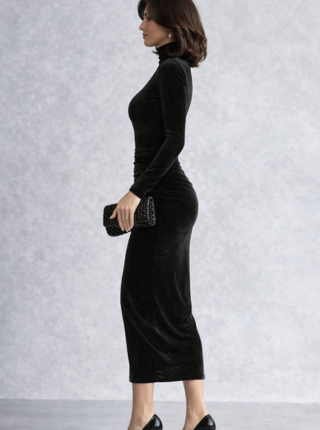 Camila | Women's Ruched Velvet Turtleneck Midi Cocktail Dress