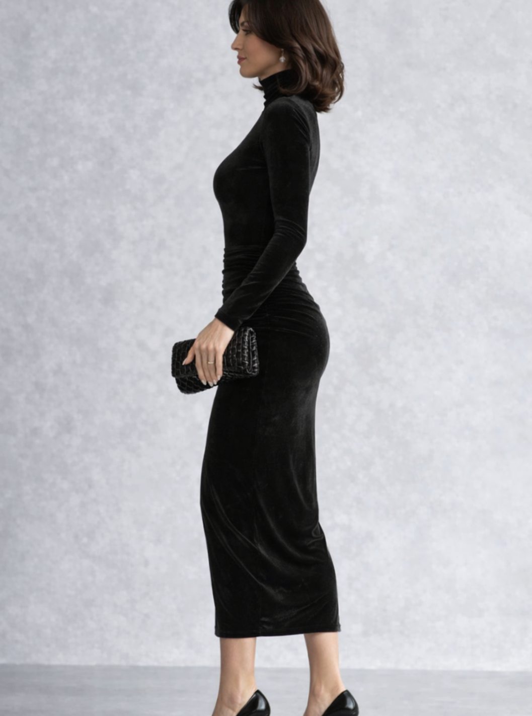 Camila | Women's Ruched Velvet Turtleneck Midi Cocktail Dress