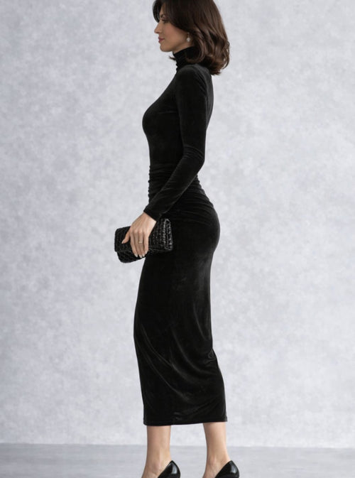 Camila | Women's Ruched Velvet Turtleneck Midi Cocktail Dress