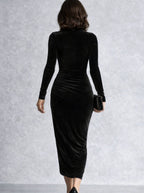 Camila | Women's Ruched Velvet Turtleneck Midi Cocktail Dress