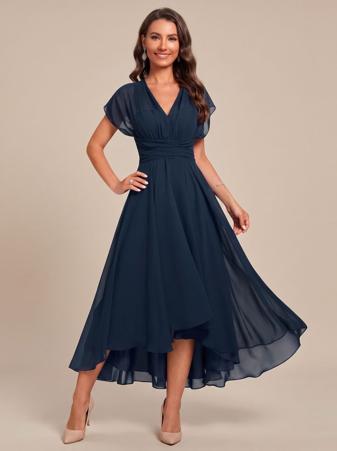 Sophia | Women's Ruched-Waist V-Neck Chiffon A-Line Midi Dress