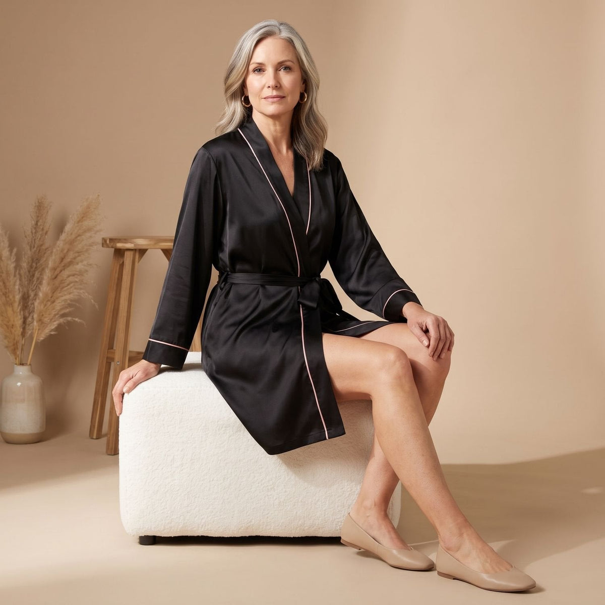 Mia | Women's Satin Belted Long-Sleeve Contrast-Trim Robe