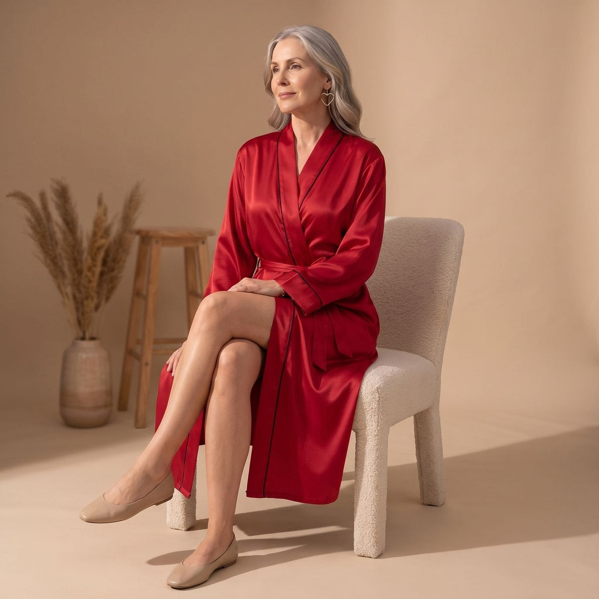 Mia | Women's Satin Belted Long-Sleeve Contrast-Trim Robe