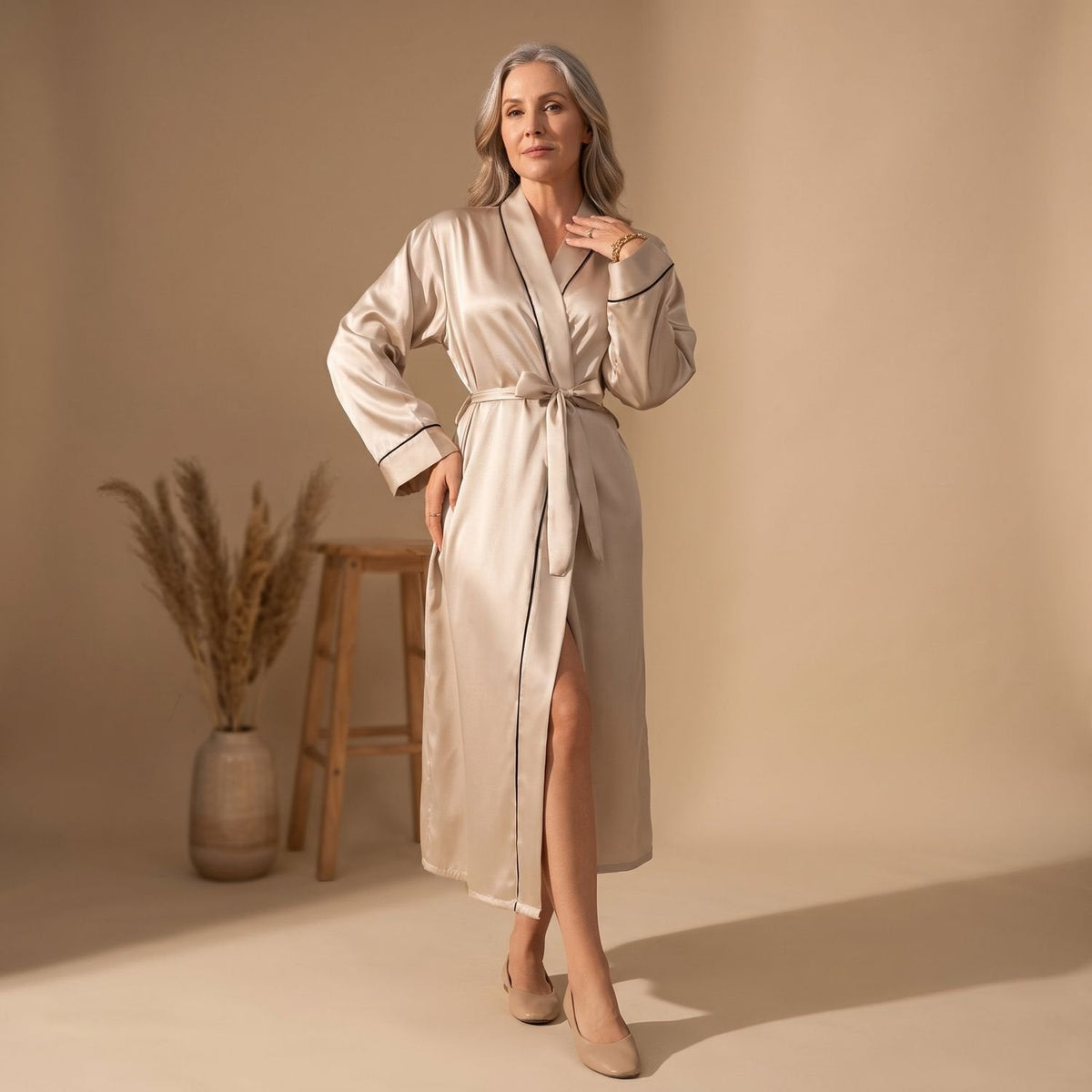 Mia | Women's Satin Belted Long-Sleeve Contrast-Trim Robe