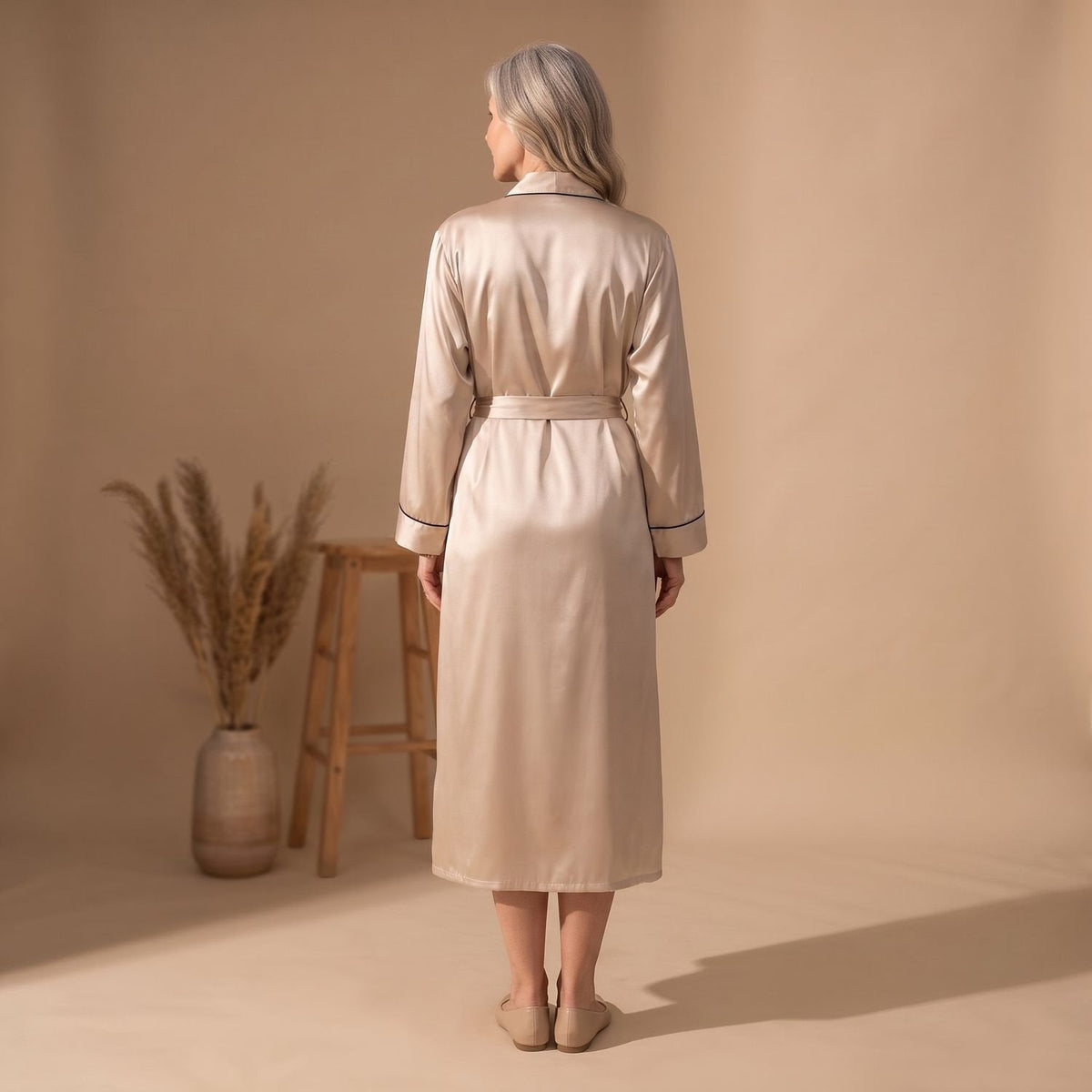Mia | Women's Satin Belted Long-Sleeve Contrast-Trim Robe