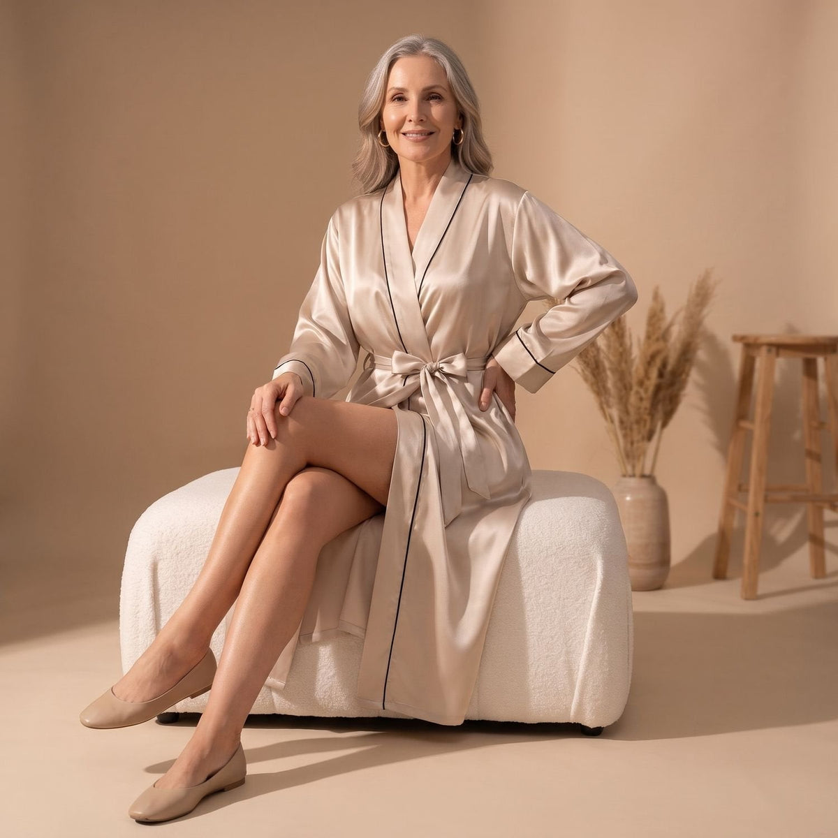 Mia | Women's Satin Belted Long-Sleeve Contrast-Trim Robe