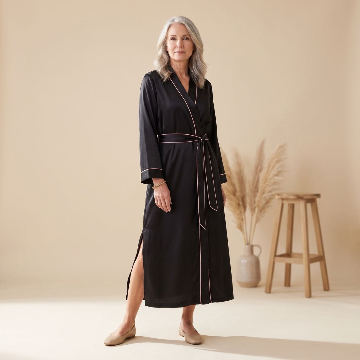 Mia | Women's Satin Belted Long-Sleeve Contrast-Trim Robe