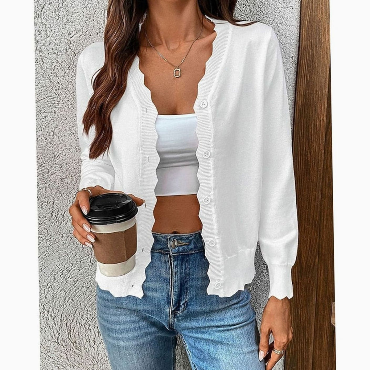 Madison | Women's Scalloped-Edge Button-Front Knit Cardigan