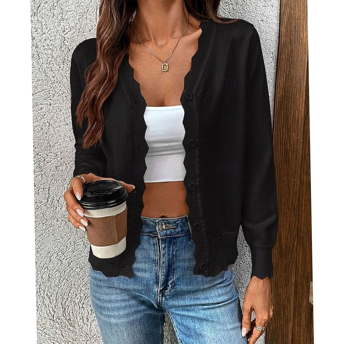 Madison | Women's Scalloped-Edge Button-Front Knit Cardigan