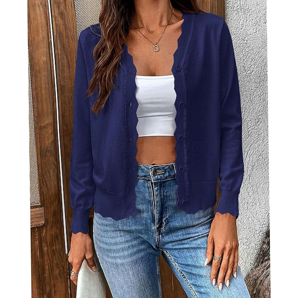 Madison | Women's Scalloped-Edge Button-Front Knit Cardigan