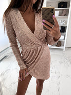 Olivia | Women's Sequin Deep V-Neck Long Sleeve Wrap Cocktail Dress