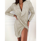 Olivia | Women's Sequin Deep V-Neck Long Sleeve Wrap Cocktail Dress