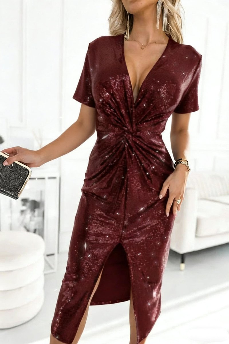 Harper | Women's Sequin Deep V-Neck Twist-Front Midi Cocktail Dress