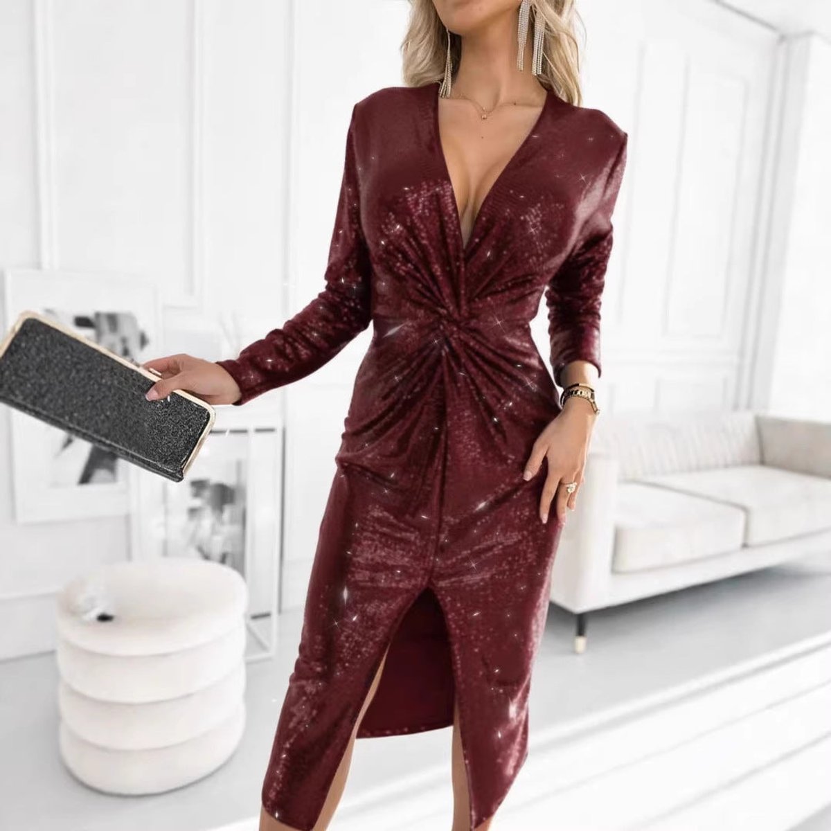 Harper | Women's Sequin Deep V-Neck Twist-Front Midi Cocktail Dress