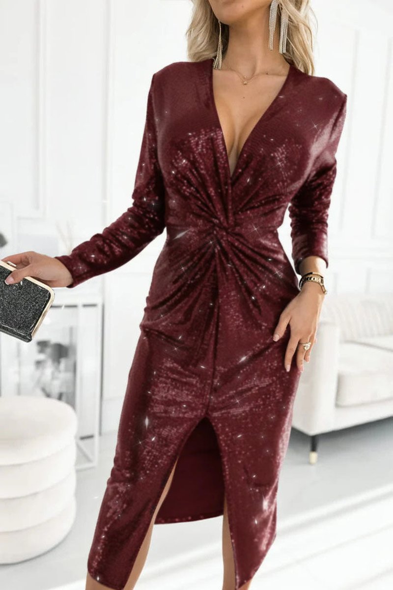 Harper | Women's Sequin Deep V-Neck Twist-Front Midi Cocktail Dress