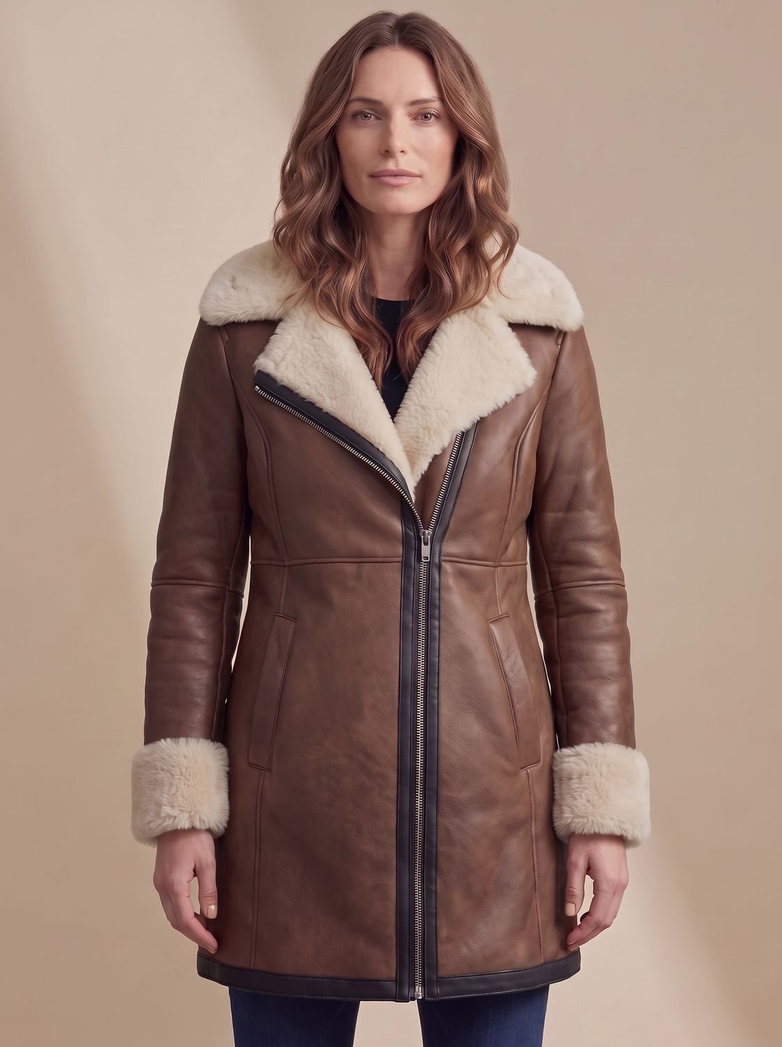 Aria | Women's Shearling-Collar Zip-Front Leather Winter Coat