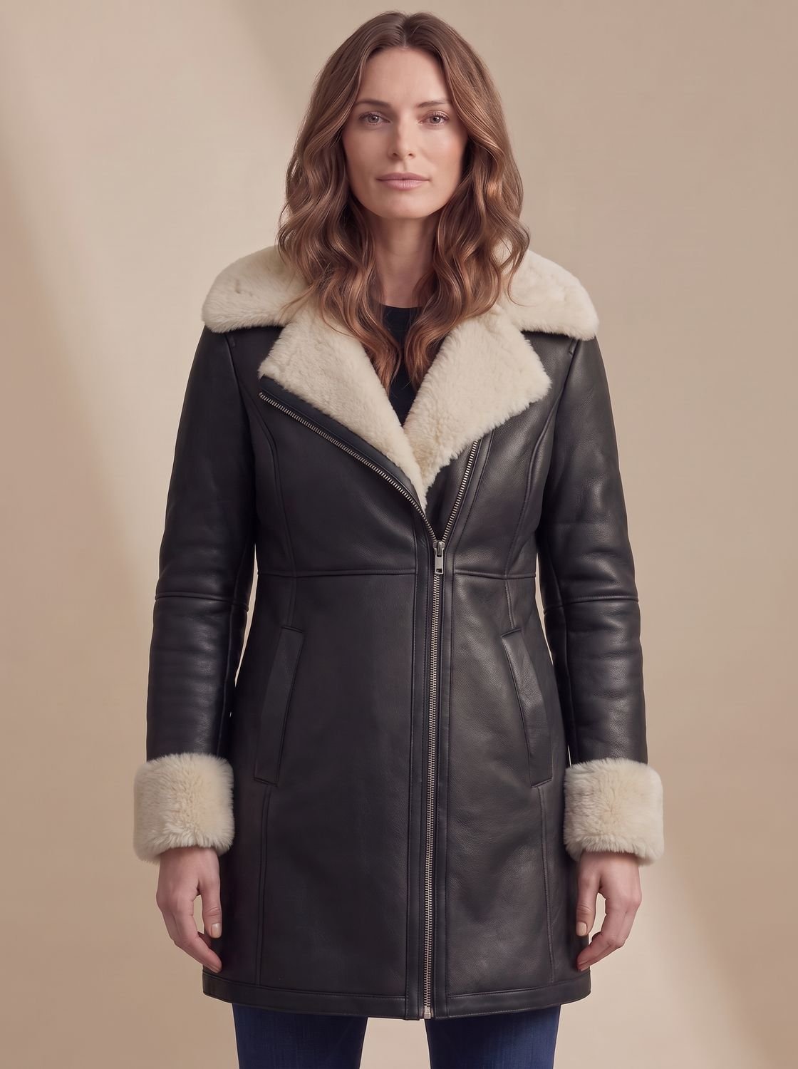 Aria | Women's Shearling-Collar Zip-Front Leather Winter Coat