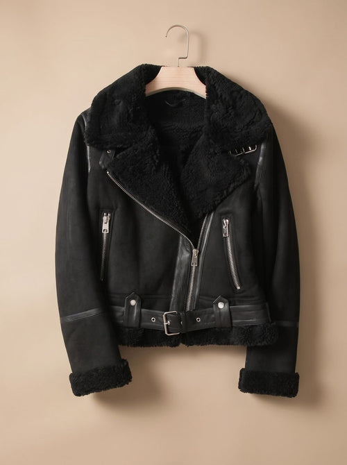 Amelia | Women's Shearling-Lined Cropped Belted Moto Jacket, Brown