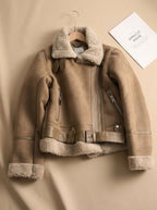 Amelia | Women's Shearling-Lined Cropped Belted Moto Jacket, Brown