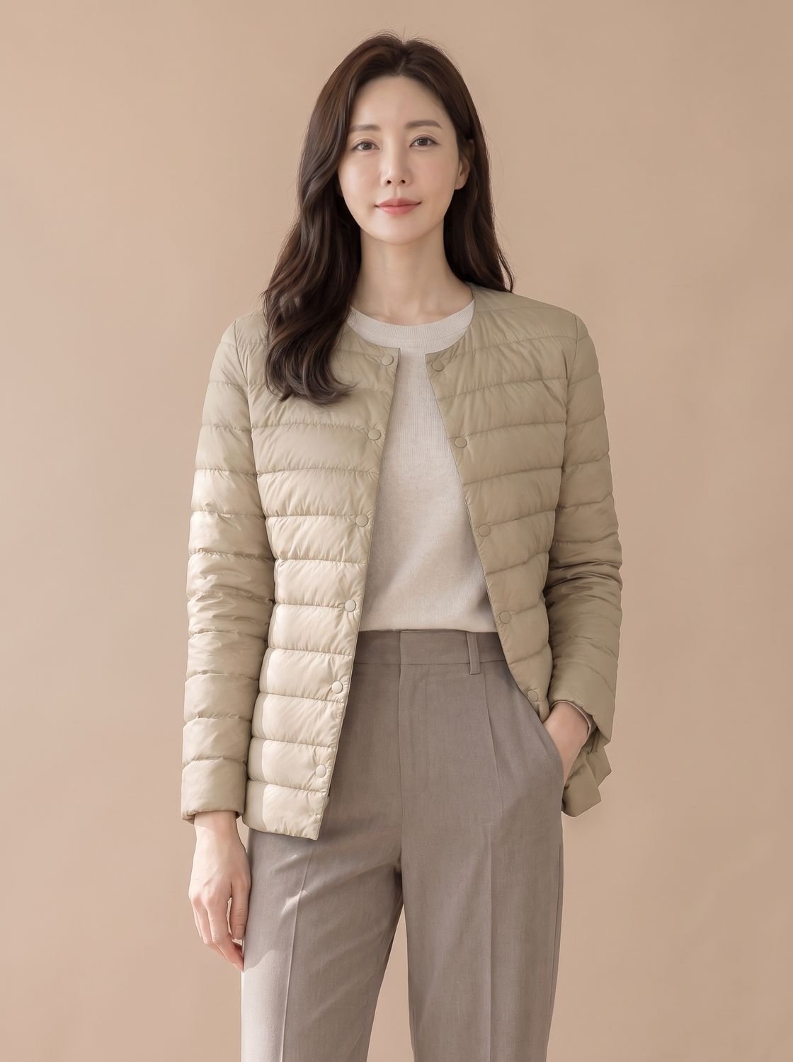 Grace | Women's Slim-Fit Collarless Snap-Button Quilted Puffer Jacket