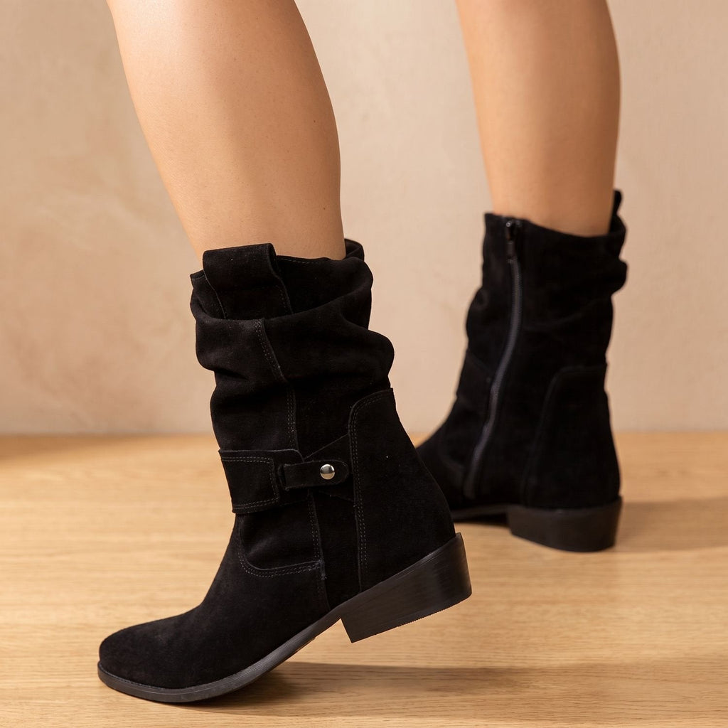 Camila | Women's Slouch Suede Block-Heel Ankle Boots Side Zip