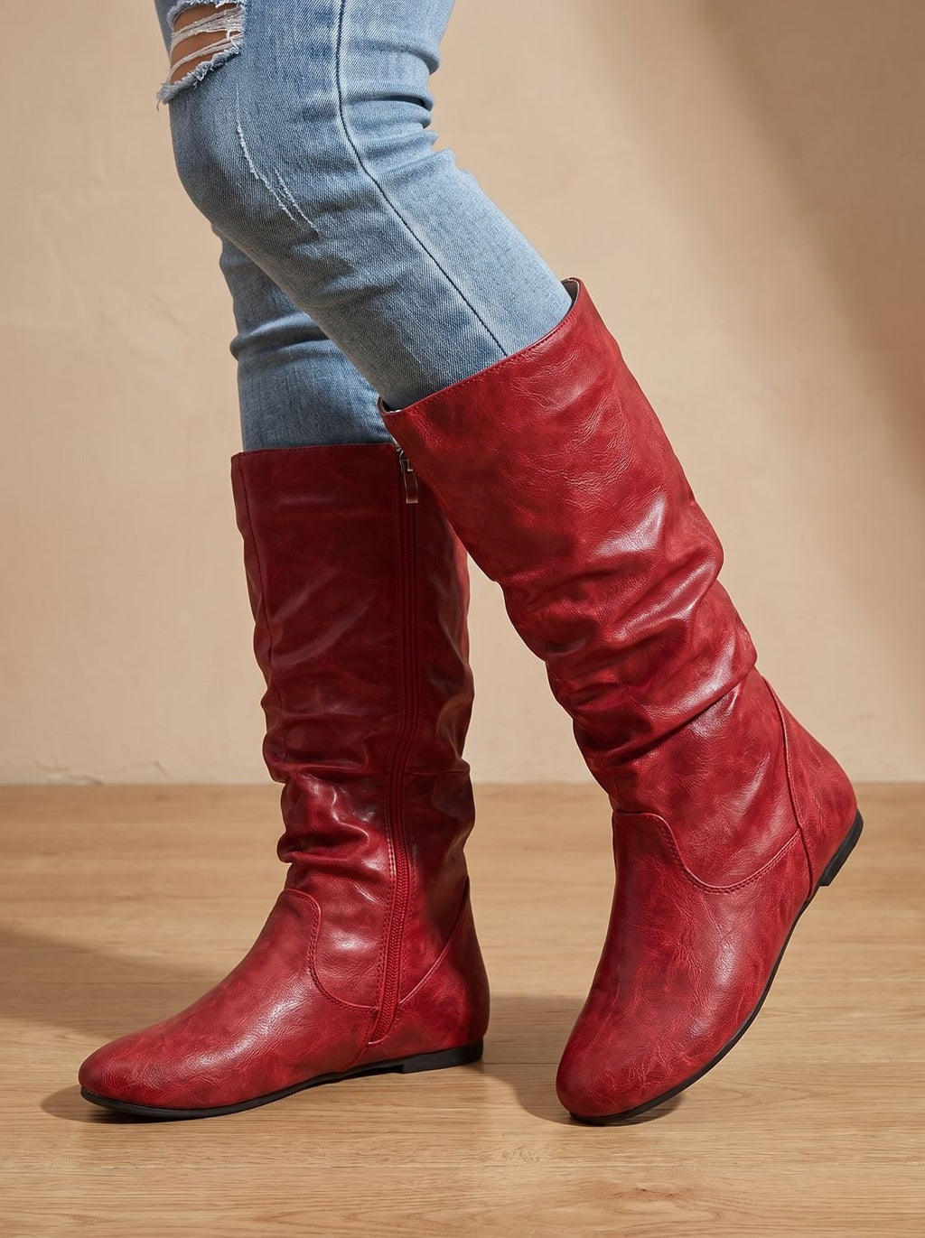 Harper | Women's Slouchy Flat Knee High Boots Round Toe Side Zip