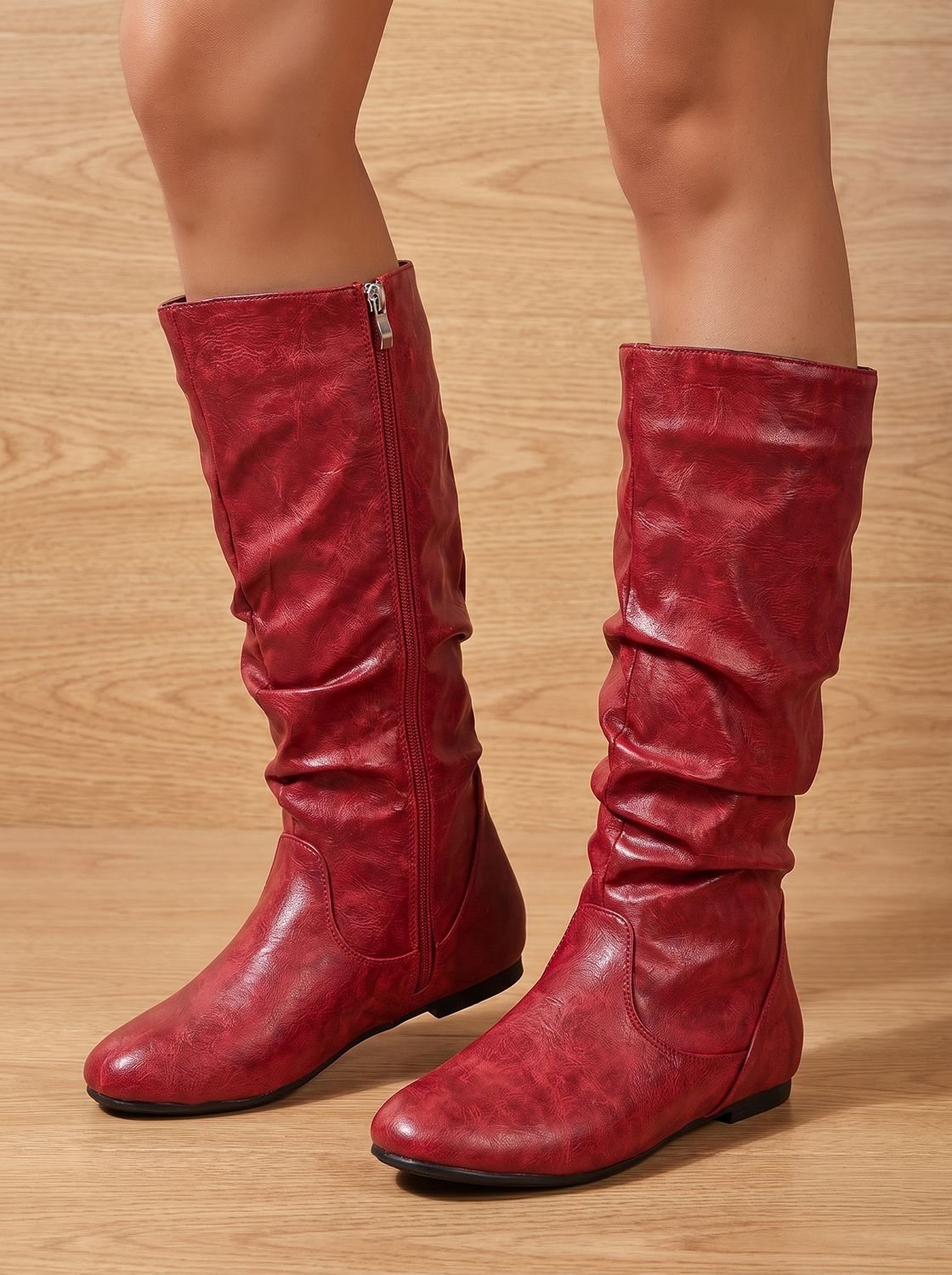 Harper | Women's Slouchy Flat Knee High Boots Round Toe Side Zip