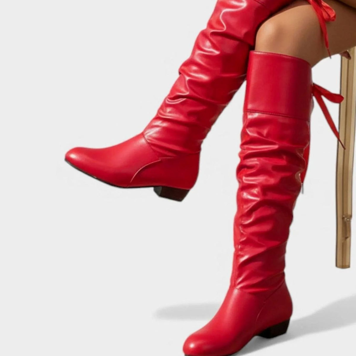 Layla | Women's Slouchy Mid-Calf Boots Low Block Heel Bow-Tie Detail