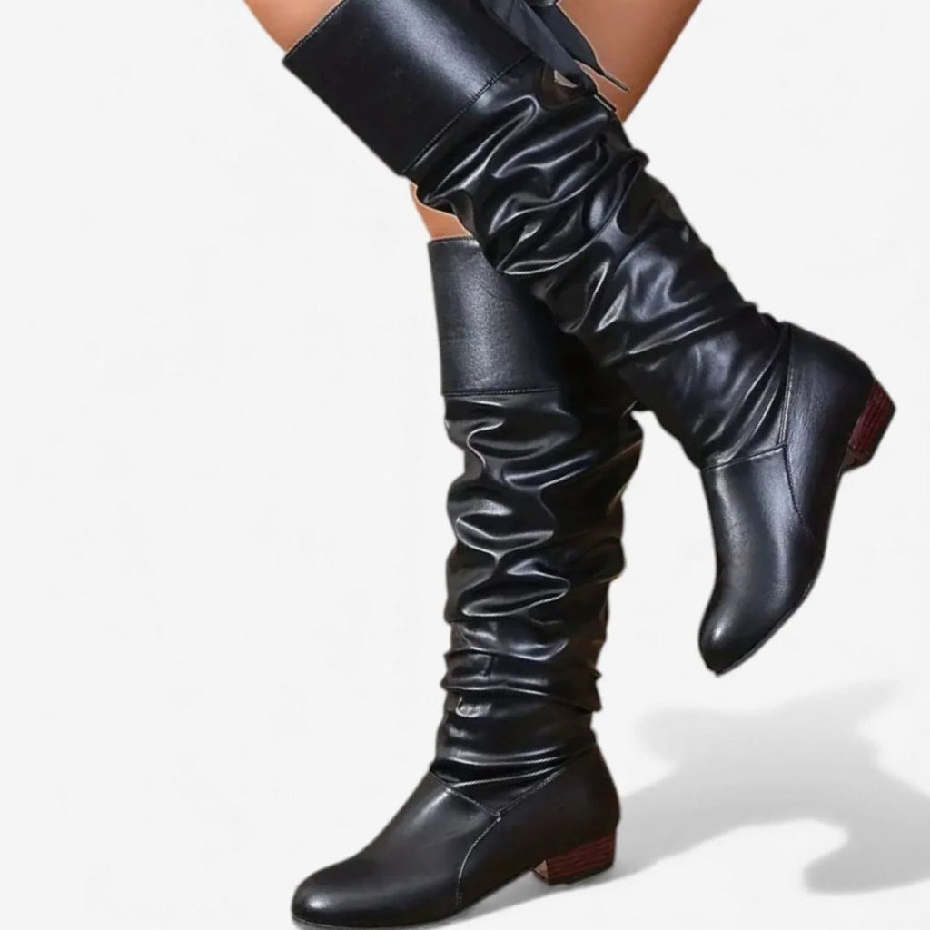 Layla | Women's Slouchy Mid-Calf Boots Low Block Heel Bow-Tie Detail