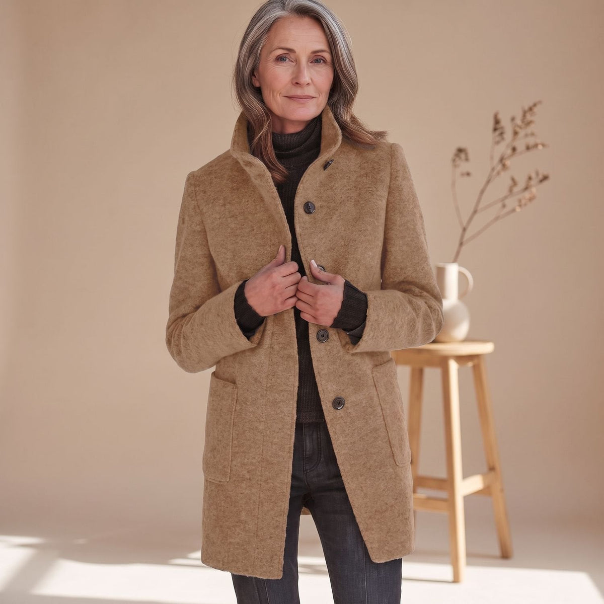 Evelyn | Women's Stand-Collar Button-Front Wool-Blend Midi Coat