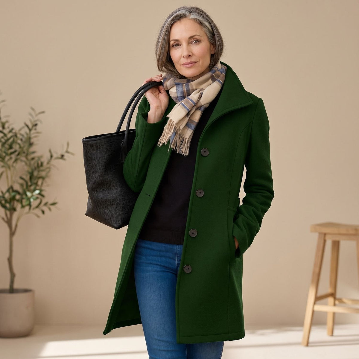 Olivia | Women's Straight-Cut Button-Front Mid-Length Coat Collar