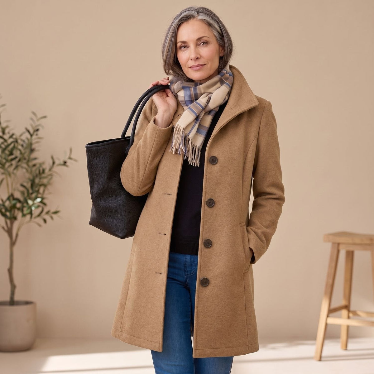 Olivia | Women's Straight-Cut Button-Front Mid-Length Coat Collar