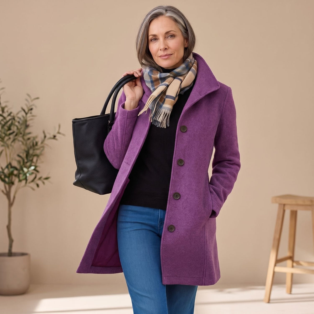 Olivia | Women's Straight-Cut Button-Front Mid-Length Coat Collar