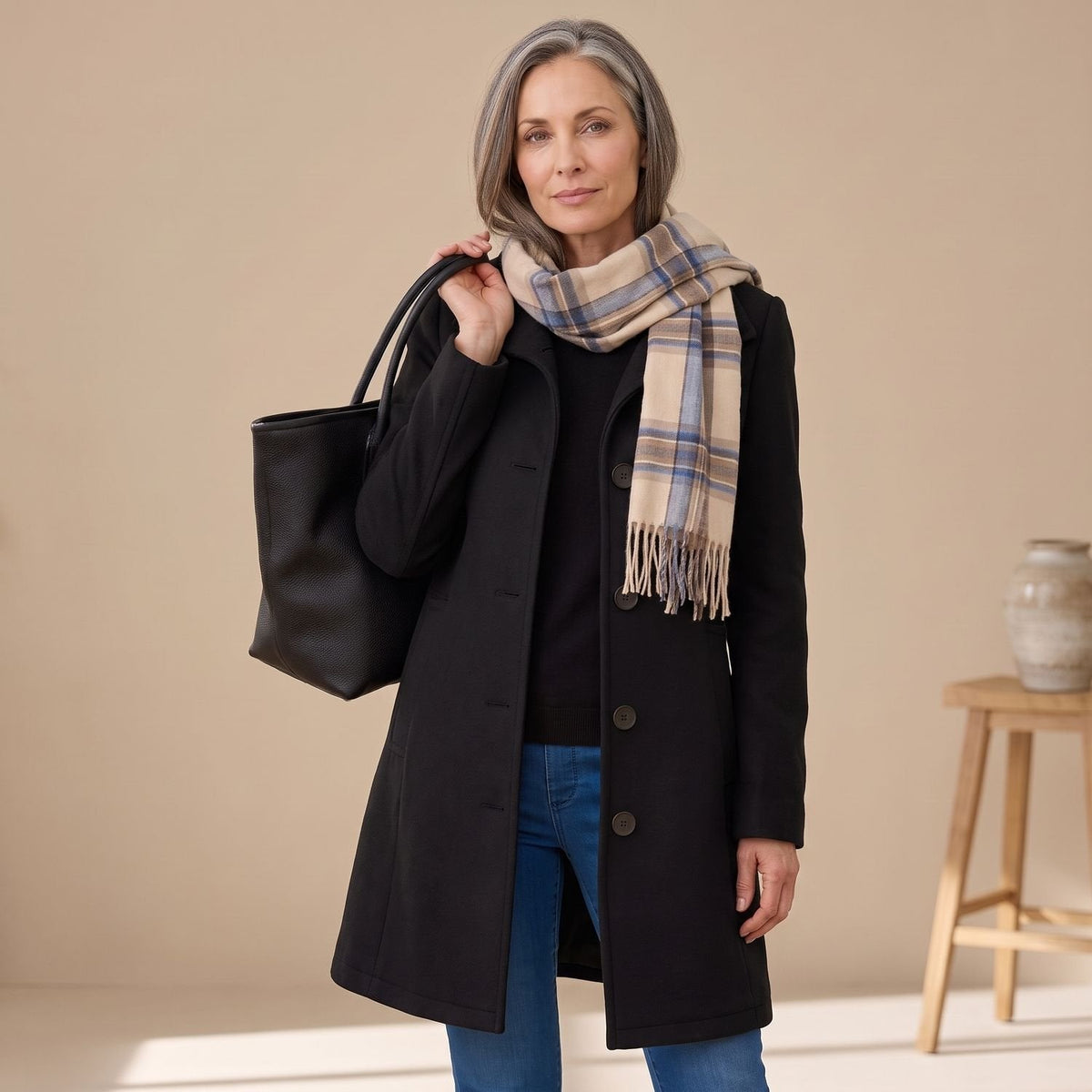 Olivia | Women's Straight-Cut Button-Front Mid-Length Coat Collar