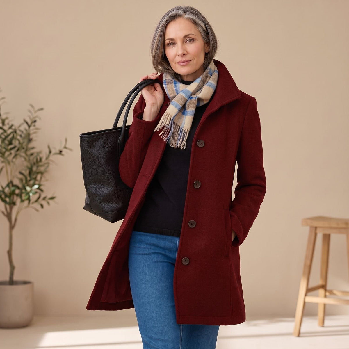 Olivia | Women's Straight-Cut Button-Front Mid-Length Coat Collar